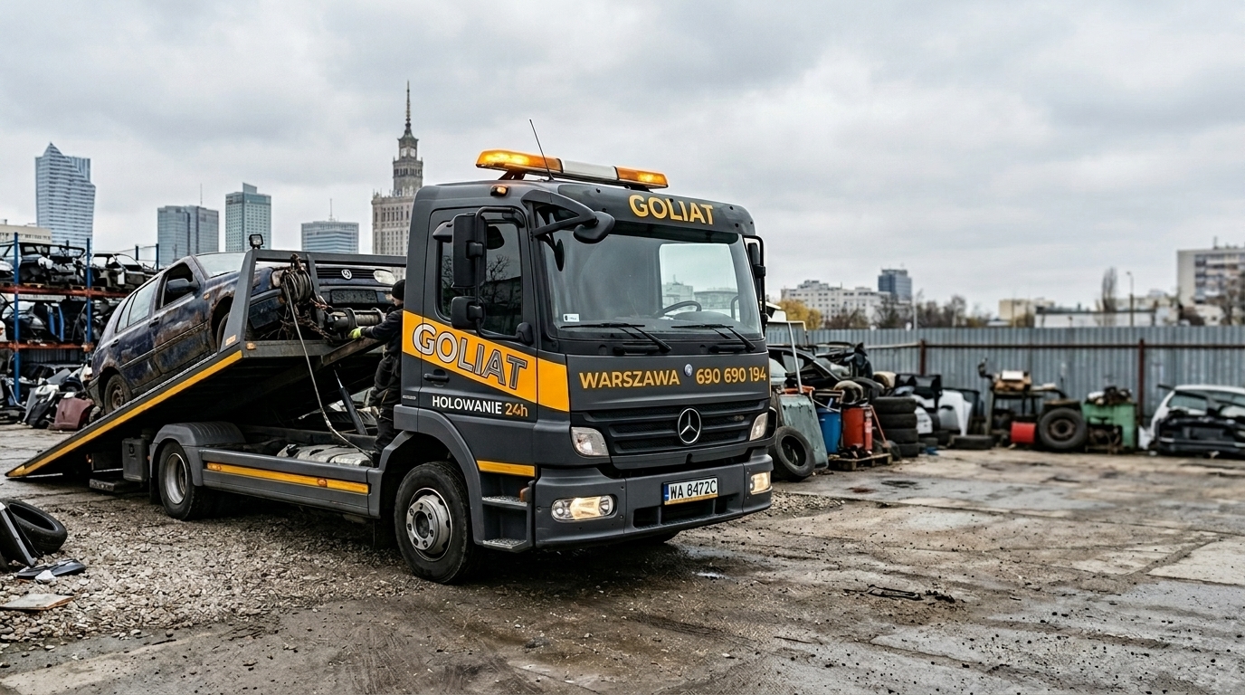 Laweta GOLIAT ładująca auto do kasacji w Warszawie